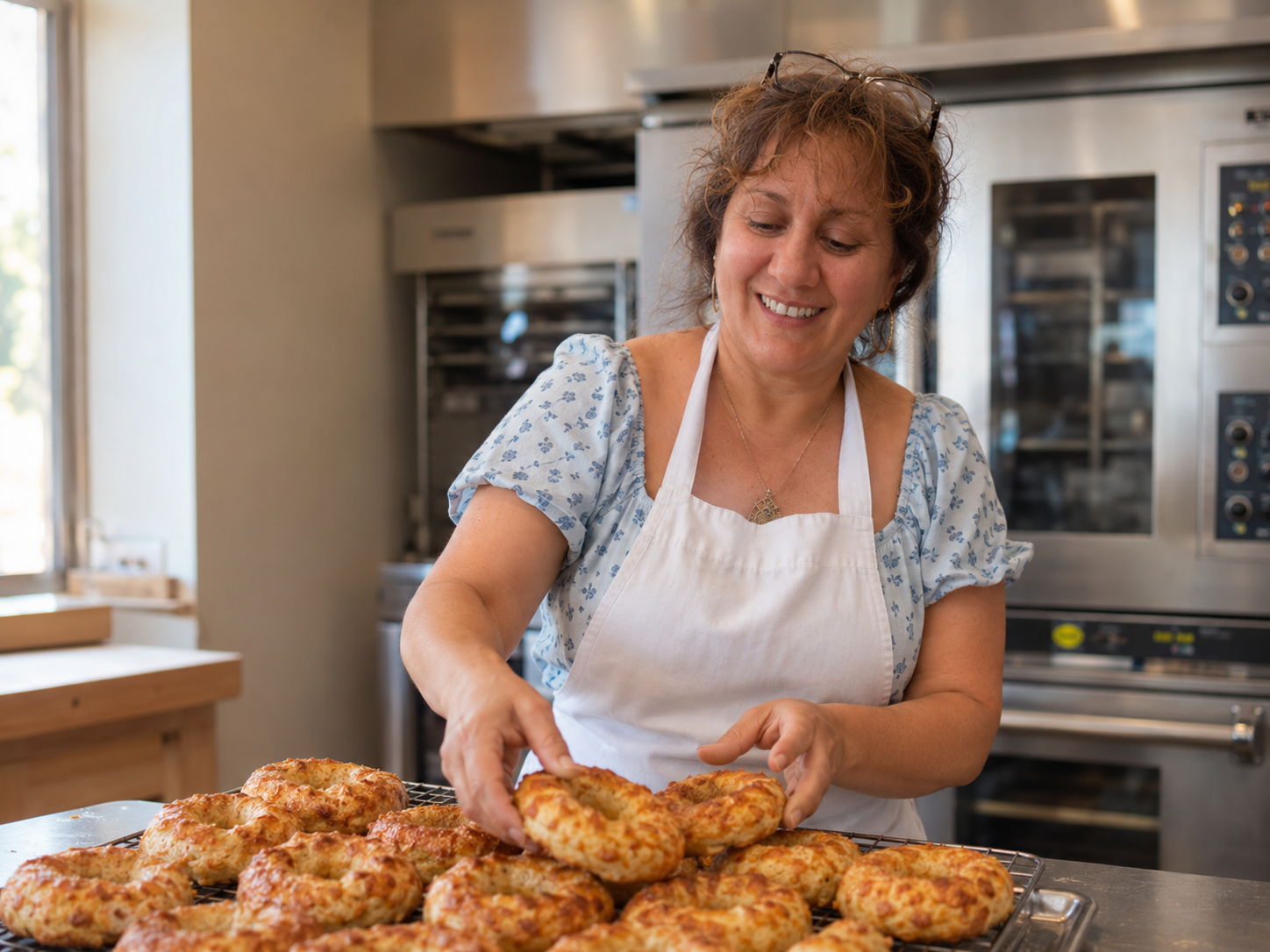Karina arranging fresh Chetzels in the bakehouse kitchen