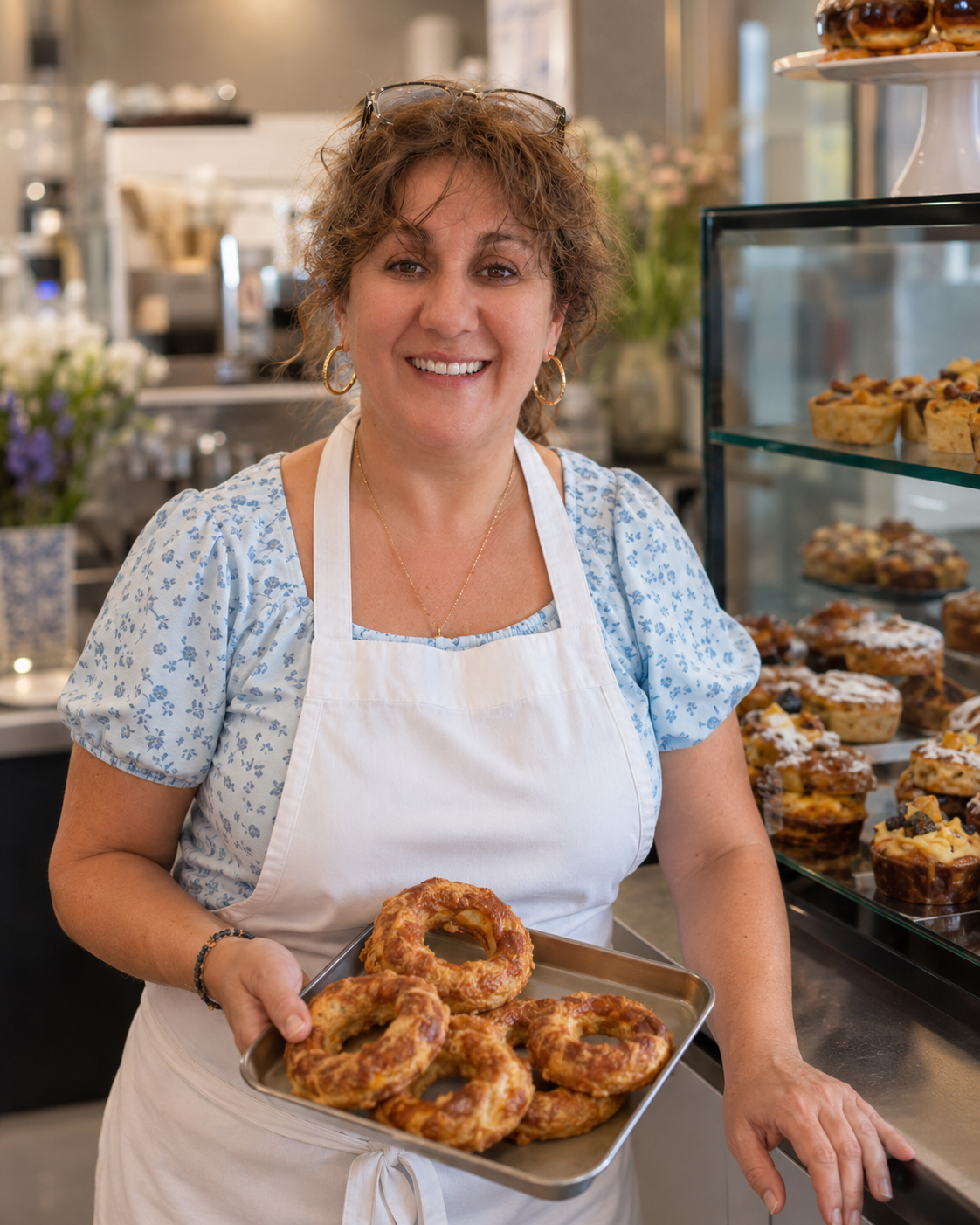 Karina, owner of Chetzels Bakehouse, holding a tray of fresh Chetzels